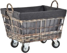 Holzwagen mit Rollen / Kaminholzwagen aus Rattan/ mit Stoffinlett/ Mehrfarbig