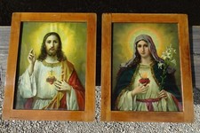 c. 1925 Paar 49x40cm NUSSBAUM RAHMEN Herz JESUS+MARIA 2x Heiligenbild Jugendstil