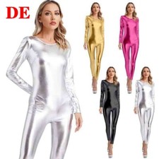 DE Damen Jumpsuit Metallic Body Overall Lackleder Raummann-Fluganzug Clubwear