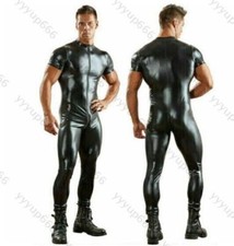 Herren Latex Gummi Leder Body Overalls Anzug Catsuit Zipper Strampler Kleidung D
