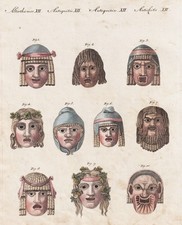 Altertum Tragische tragic Komische Bacchus Masken Kupferstich Bertuch 1802