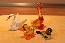 Glastiere, Glasfiguren ~ Konvolut: 5x Federvieh: Vogel, Ente, Gans, Schwan, Hahn