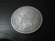 Spanien 5 Pesetas 1877  (Silber) Alfonso XII Por  24 gr.