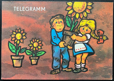 Telegramm-Schmuckblatt aus Zeiten der DDR, lx32, Kinder mit Sonnenblume