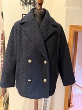 Zara Wolljacke Boucle Wollmantel Winterjacke Dunkelblau Jacke Gr L