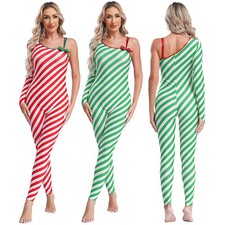 Damen Jumpsuit Sexy Weihnachtskostüme Eine Schulter Bogen Candy Cane Overall