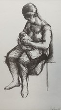 Sitzende Mutter mit Baby Peter Rüfenacht signierte Lithographie Auflage 165 1966