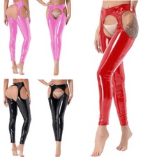 DE Damen Wetlook strumpfhose Lack Sexy Offener Schritt Lange Lederhose Clubwear