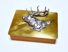 Art Deco Holz Deckeldose - Zigarrenkiste/Zigarrenbox - Messing Deckel - "Hirsch"