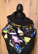Loopschal Wickelschal mit Clip schwarz bunt Vögel