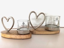 Teelichthalter-Kerzenhalter-Metall-Herz-silber-Holzsockel-18x7oder 21x8 cm-Deko