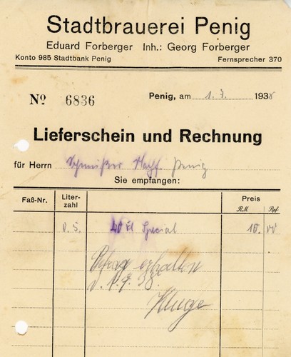 Rechnung stadtbrauerei penig - rechnung,