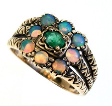 9ct Solid Gold Vintage Insp Emerald & Opal Ring R172 Custom