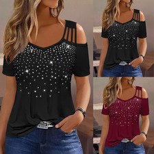 Damen Strass Kurzarm T-Shirt