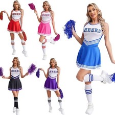 DE Damen Cheerleader Kostüm Uniform Outfit mit Pompoms Sock Karneval Party Club