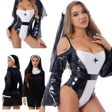 DE Sexy Damen Saintlike Verführerin Kostüm Kunstleder Nonne Halloween Cosplay 