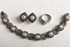 Wunderschöne - Vintage Sterling-925 Silber Schmuckset mit Perlen + Markasit.