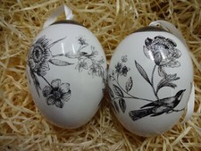 2er Set Ostereier Osterschmuck Keramik Vögel Blüten Blätter Ostern schwarz/weiß