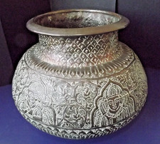 Antikes Kupfer Gefäß Kessel großer Topf Übertopf mit Patina Buddha König Blumen