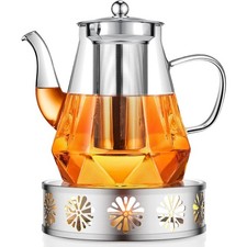 Teekanne mit Stövchen, Glas, 1,2L, Edelstahl, Teewärmer, Teebereiter, Tee-Set