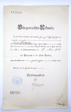 Deutsches Reich Nürnberg Bürgerrechts-Urkunde 1906 Stadtsiegel Stadtmagistrat