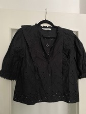 Bluse Zara Gr L Schwarz Volants Lochstickerei Romantisch Landhaus Boho Popeline 