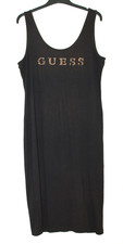 GUESS Logo Damen Midi Kleid Gr. XL in schwarz ärmellos goldene Applikationen