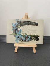 Antike Postkarte Hufeisen, blaue Blumen, Kunst, Front beschrieben, 1904