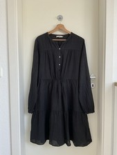 0039 ITALY Damen Leinen Kleid Gr. XL Schwarz Langarm A-Linie Knopfleiste 