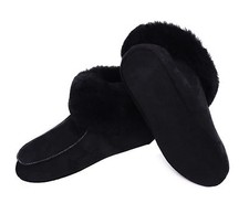 Lammfell Leder Hüttenschuhe Mokassin Hausschuhe Pantoffeln Fell Schwarz Gr.36-47