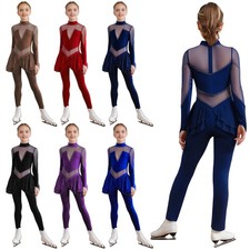 Mädchen Glitzer Gymnastikanzug Rüschen Langarm Ballettanzug Eiskunstlauf Body