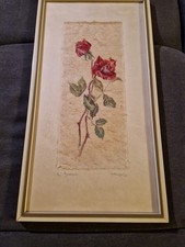 Malerei Bild Zeichnung Alt Rosen Blumen Holzrahmen Mit Glas Vintage Reispapier