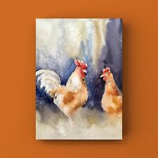 Original Aquarell Bild  41x31cm Gemälde Wandbild Hahn Hühner Geschenk Idee Kunst