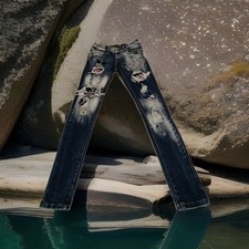 Hüfthose, Löcher, Schmetterlingen, Blumen Netz Hintergrund, Strass, Worte, Gr.XS