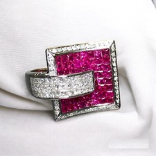 Lab Rubin Invisible Set Statement Ring 925 Feinsilber CZ Luxus Cocktail Schmuck