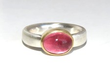 Rosa Turmalin Ring Silber 750 Gold, W 56 peach Turmalin Cabochon, Unikatschmuck