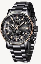 Herrenuhr Edelstahl Sport Business Quarz Armbanduhr Wasserdicht Schwarz