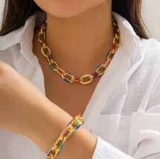 Vergoldet Halskette Klobige Kette Armband Bunt Retro Modeschmuck 