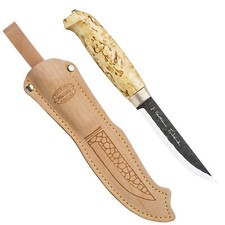 Marttiini Lynx Forged Messer mit Kohlenstoffstahl, Maserbirkegriff, Lederscheide