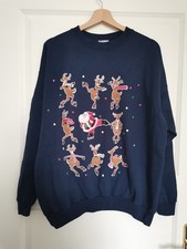 Vintage Pullover Ugly Christmas Sweater Gr. L Blau Weihnachten Rentiere Santa