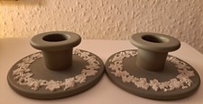 WEDGWOOD JASPER WARE - GREEN PAIR OF SMALL CANDLESTICKS - LOVELY.  