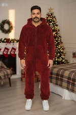 Herren Fleece Jumpsuit Overall Hausanzug Einteiler mit Kapuze – warm & weich