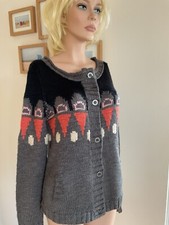 Jacke Strickjacke Pullover Norweger Damen Wolle Grau Schwarz Größe S 36