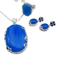 Lush Blau Chalzedon Edelstein 925 Set  Kette Ring Ohrringe 