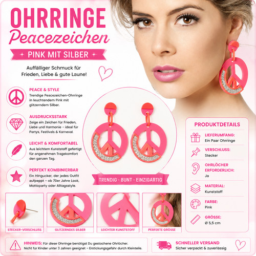 Peace ohrringe pink silber - ohrringe,