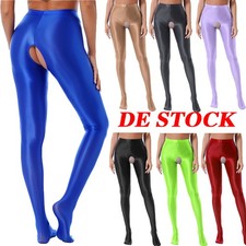 DE Damen Ouvertstrumpfhose glänzende Tights Sexy Offener Schritt Unterwäsche