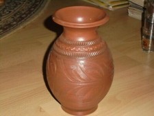 große mediterrane Blumenvase Ton dunkelbraun verziert 20x14,5cm NEU