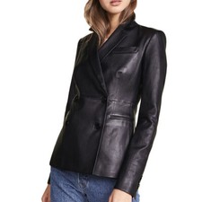 Neu Damen Schwarz Leder Blazer