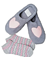 GESCHENK SOCKEN + NEU 40 41 Teddie Teddy Fell Pantoffeln Hausschuhe HERZ Rosa 