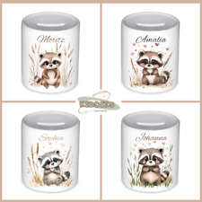 Personalisierte Kinder-Spardose – Waschbär-Motiv mit Namen, 4 Designs